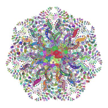 Vektör renkli tasarım soyut mandala kutsal geometri çizimi yeşil, beyaz ve mavi renkler üzerine.