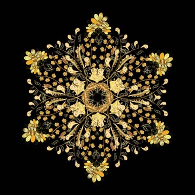 Güzel soyut kar taneleri vektör tasarımı. Yeni yıl kar tanesi. Düz kar karalama ikonları, kar taneleri silueti altın renklerde Noel afişi, kartlar.