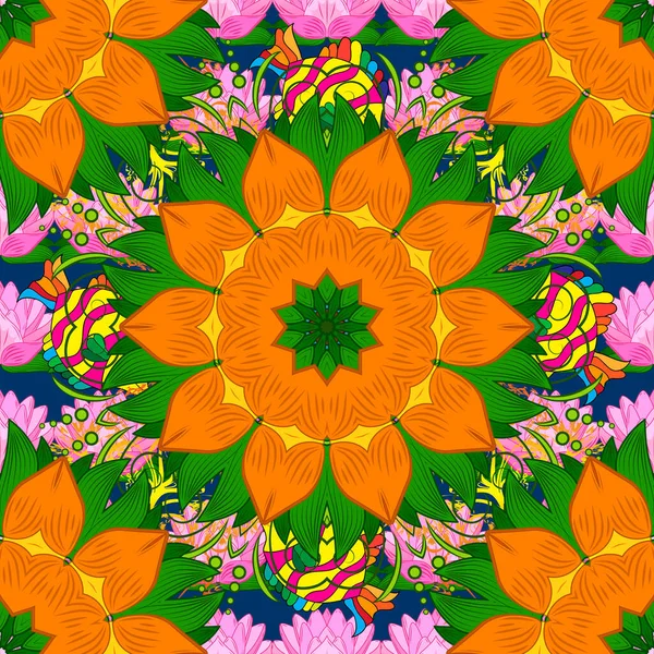 Auf Grüne Rosa Und Orangefarbene Farben Blumen Nahtlos Vektorillustration — Stockvektor