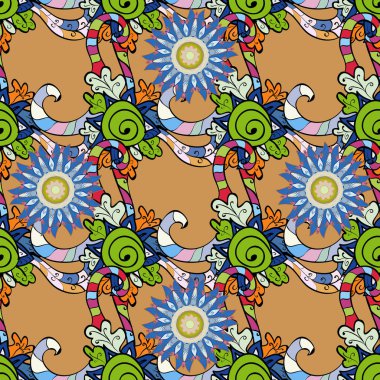 Arkaplan dokusu, çizim, turuncu, siyah ve mavi renkli çiçek teması. Kabile sanatı boho baskısı, klasik çiçek arkaplanı. Soyut etnik vektör pürüzsüz desen.