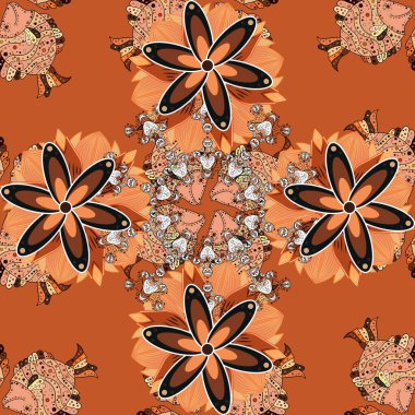 Tekstil ve kapak tasarımı için mükemmel. Doodle tarzı. Renkli kahverengi, turuncu ve bej desenli. Kahverengi, turuncu ve bej renkli çiçekler. El çizimi pürüzsüz sonbahar çiçekleri deseni.