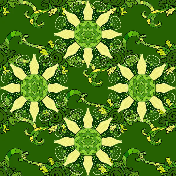 Mandala Auf Schwarz Gelb Und Grün Vektor Ornament Pattern Spirituelles — Stockvektor
