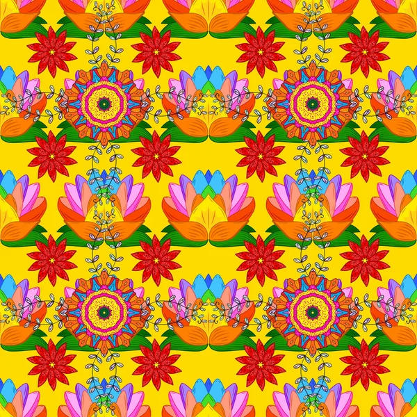 部族のアートブッホ印刷 ヴィンテージの花の背景 背景の質感 スケッチ オレンジ 赤と黄色の花のテーマ 抽象的な民族ベクトルシームレスパターン — ストックベクタ
