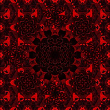 Kırmızı, siyah ve kahverengi renkte çiçekler. Kumaş desenli papatya çiçekleri ayrıntıları.