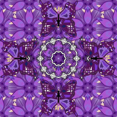 Vektör. Mor, nötr ve mor renkli resimler. Erkekler, kızlar, kıyafetler, çizimler için soyut bir model. Bir sürü kelebek desenli kusursuz desen. Fantezi illüstrasyon.