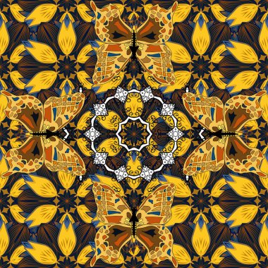 Vektör çizimi. Moda sevimli kumaş tasarımı. Kelebeklerle güzel bir moda modeli. Fantezi çizimi. Mavi, turuncu ve sarı renkli çizimler.