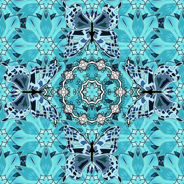 Vektör. Çizimler için mükemmel, web sayfası geçmişi, yüzey dokuları, tekstil. Resimlerde tropik kelebekler görülür. Siyah, nötr ve mavi renkler üzerine kusursuz çiçek deseni.