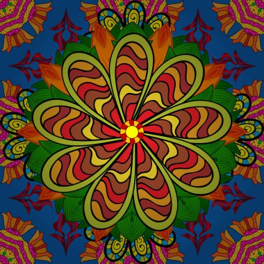 Düz Çiçek Elementleri Tasarımı. Renkli Bahar Temalı Kusursuz Arkaplan. Mavi, sarı ve siyah renkte çiçekler. Çiçeksiz desenli arka plan, yaz çiçekleri..