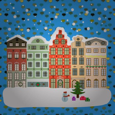 Noel ağacı ve beyaz, bej ve mavi arka planda evleri olan bir tatil geçmişi. Vektör illüstrasyonu.
