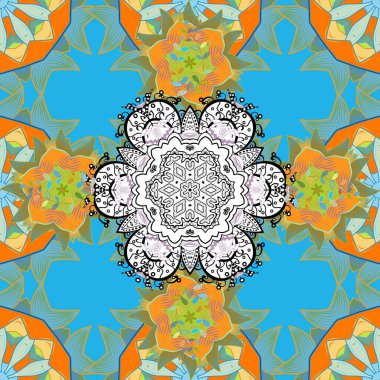 Sarı, beyaz ve mavi renklere çizilmiş zendogru elin renkli mandala vektör çemberi.