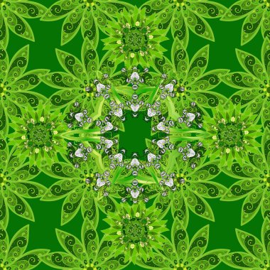 Beyaz, yeşil ve siyah arka planda yaprakları olan kusursuz bir desen. Vektör çizimi. Soyut modern çiçek vektör arkaplanı.