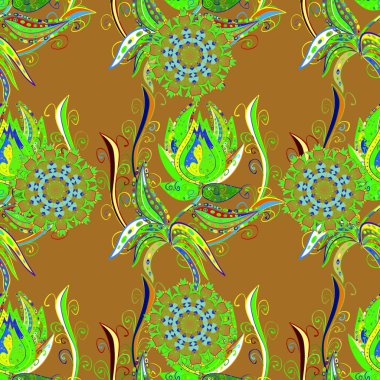 Yeşil, mavi ve kahverengi renkte çiçekler. Kumaş desenli papatya çiçekleri ayrıntıları.