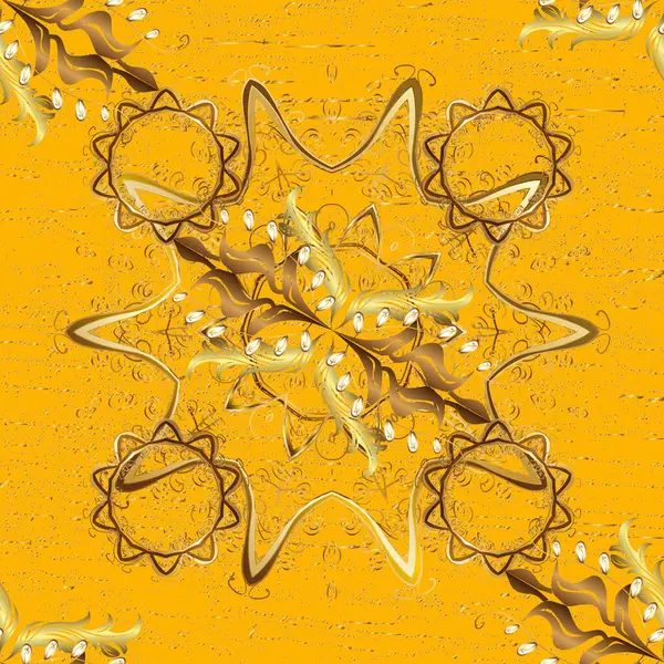 Gyllene Sömlösa Mönster Gula Och Bruna Färger Med Gyllene Blommiga — Stock vektor