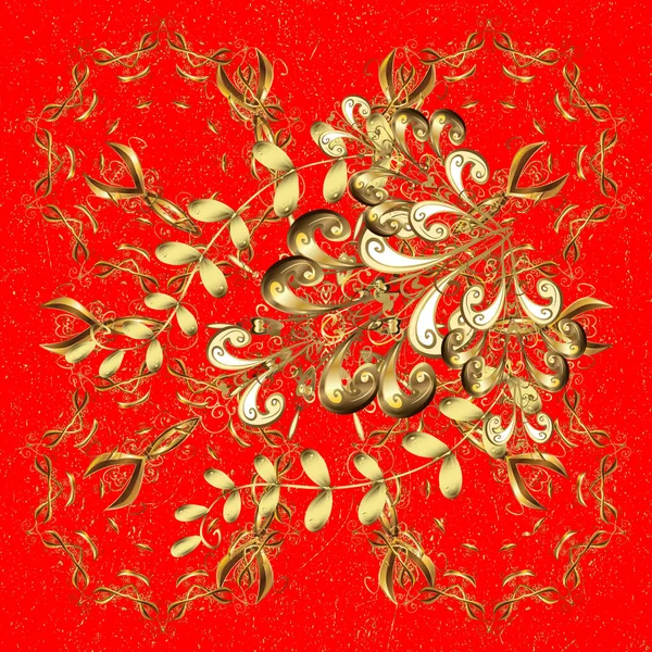 Яскравий Барвистий Квітковий Візерунок Золоті Над Коричневим Червоним Золотий Елемент — стоковий вектор