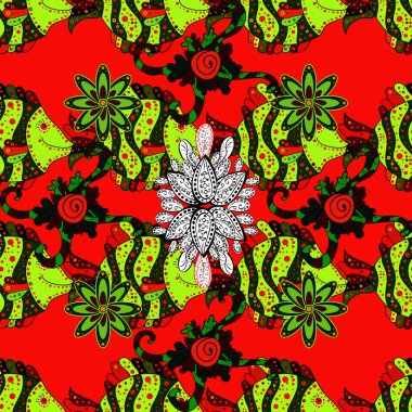 Doodle Vektör illüstrasyonu. Vektör çizimi. Çizgi film resif balıklarının kusursuz koleksiyonu. Yeşil, kırmızı ve siyah renkli tropikal balıklar.