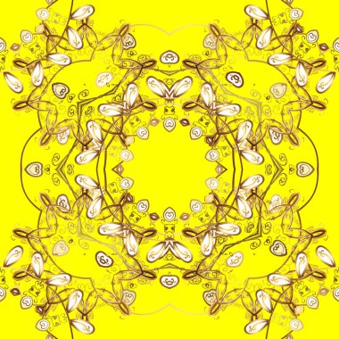 Vektör altın desen. Doğulu stil, altın elementlerle sarı ve kahverengi renklerde altın desenli arabesk yapar. Kusursuz kıvırcık saçlar..