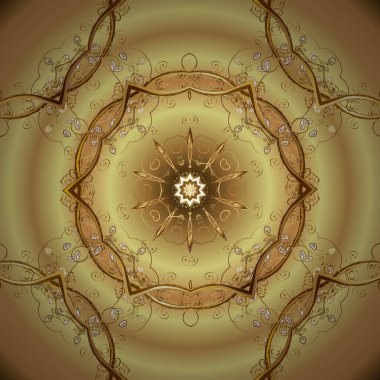 Doğulu stil, altın elementlerle kahverengi, sarı ve bej renklerde altın desenli arabesk yapar. Kıvrımlı çizimler. Vektör altın desen.