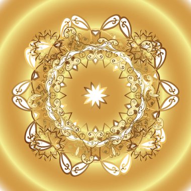 Altın şablonu çiz. Sarı, kahverengi ve bej renklerde altın elementlerle çizim. Vektör oryantal süsü.