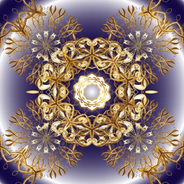 Vektör çizimi. Menekşe, nötr ve kahverengi renklerde altın elementli klasik eskiz deseni.