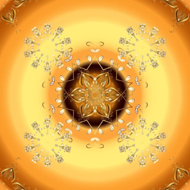 Altın çiçekli eskiz deseni. Kahverengi, turuncu ve sarı renklerde altın bir element. Damask arkaplanı. Barok tarzında altın çiçekli süs..