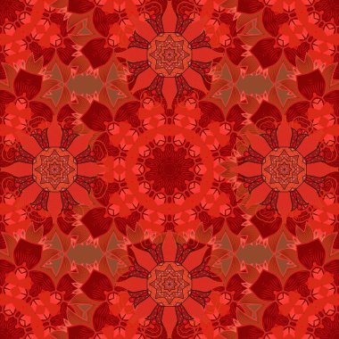 Küçük çiçekteki sevimli çiçek deseni. Kahverengi, kırmızı ve turuncu renklerde çiçekler. Vektör illüstrasyonu.