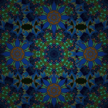 Mavi, yeşil ve siyah renkte çiçekler. Vektör illüstrasyonunda kusursuz çiçek deseni.