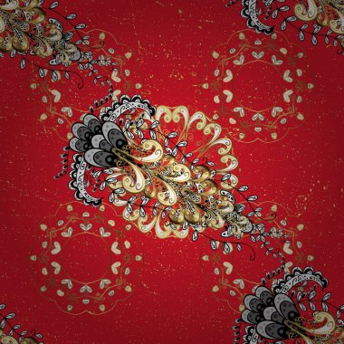 Kırmızı ve siyah renklerde altın desenli altın elementler. Süslü vektör dekorasyonu. Barok tarzında eskiz tasarımı için kusursuz damaske desen arkaplanı.