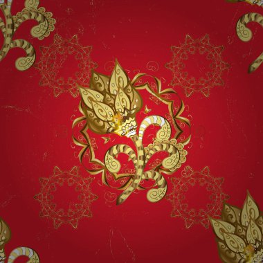 Vektör doğu süsü. Kusursuz altın desen. Sarı ve kırmızı renklerde altın elementlerle kusursuz desen.