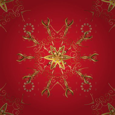 Barok tarzında eskiz tasarımı için kusursuz damaske deseni arka planı. Kahverengi ve kırmızı renklerde altın desenli altın elementler. Süsleme vektör dekorasyonu.