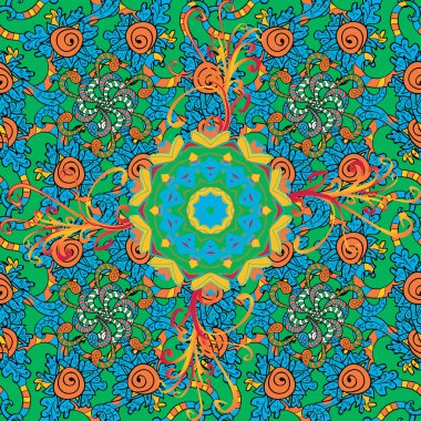 Vektör çizimi. Vektör çizimi. Kusursuz çiçek deseni. Turuncu, yeşil ve mavi renkli çiçekler. Asya tekstil tarzında.