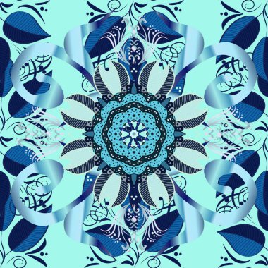 Kumaş, eskiz ya da hediye paketi için mükemmel. Avuç içi ve çeşitli yapraklar gri, mavi ve nötr arkaplanda. El çizimi pürüzsüz.