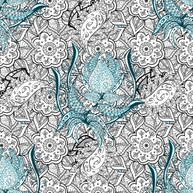 Vektör. Karalamalar beyaz, siyah ve mavi renklerde. Kusursuz Güzel kumaş deseni.