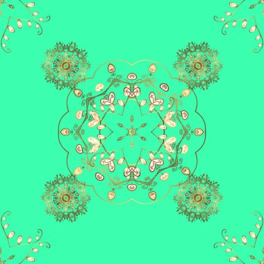 Kış sembolü, Mutlu Noeller, Mutlu yıllar 2019. Altın kar taneleri basit, pürüzsüz desen. Kahverengi ve yeşil renklerde vektör altın desen. Soyut çizim, paket dekorasyonu.