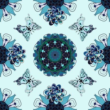 Moda Kumaşı Tasarımı. Soyut, pürüzsüz bir arkaplan. Kelebek deseni. Tarafsız, gri ve mavi renkler üzerine bir resim. Vektör.