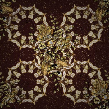 Vektör altın pürüzsüz desen. Sarı ve kahverengi renklerde altın desenli altın elementler. Düz elle çizilmiş klasik koleksiyon. Arkaplan, kumaş, altın çizim.