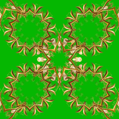Süslü dekorasyon. Damask altın soyut çiçek deseni kahverengi ve yeşil renklerde. Vektör illüstrasyonu.