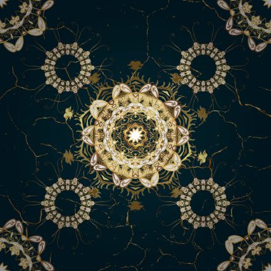 Altın antika ortaçağ dekoratifi, yaprakları ve kahverengi ve mavi renklerde altın desenli süslemeleri olan vektörsüz desenler. Kusursuz kraliyet lüksü, altın barok kumaş rengi..