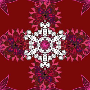 Mor, beyaz ve kırmızı renkte elle çizilmiş mandala. Vektör soyut deseni.