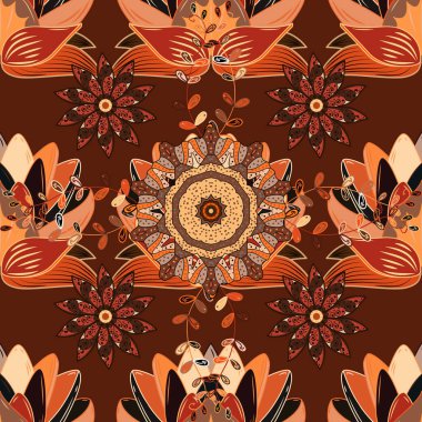 Etnik Mandala havlusu. Vektör Henna tarzı. Kusursuz süs izi. Sınır Kızılderili çiçekli paisley patten. Tebrik kartı arkaplanı, boyama kitabı, arkaplan, tekstil için kullanılabilir.