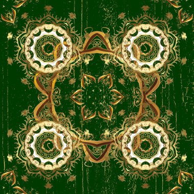 Kusursuz damaske klasik altın desen. Vektör çizimi. Mavi ve kahverengi renklerde altın sarısı desenler. Tekrarlayan ögelerle soyut vektör arkaplanı.