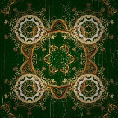 Kahverengi, mavi ve altın desenli. Tekrarlayan elementlerle kusursuz soyut arkaplan. Zarif vektör klasik desen.