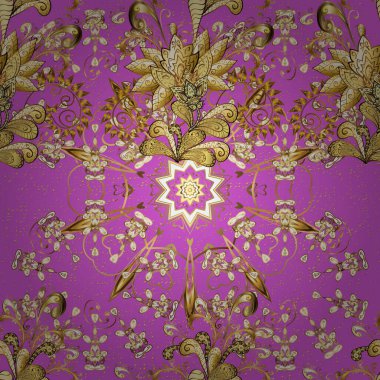 Bej ve mor renklerde altın element. Damask motifi arka planı tekrarlıyor. Antik altın tekrarlanabilir çizim. Barok tarzında altın bej ve menekşe çiçekleri..