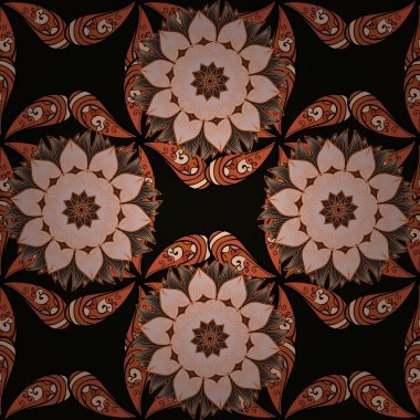 Vektör deseni. Vektör çizimi. Patlayan çiçekler soyut olarak yerleştirilmiş. Hafif, bahar çiçekleri siyah, turuncu ve nötr renklerde.