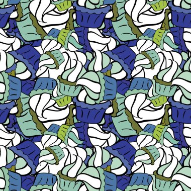 Beyaz, nötr ve mavi üzerine parlak doğum günü deseni. Keklerle suluboya kusursuz desen. Vektör. Paket kağıdı.