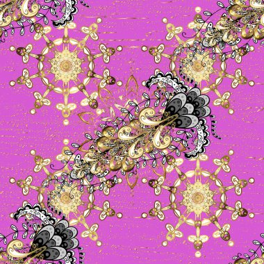 Menekşe ve bej renklerinde altın elementlerle desen. Hassas altın deseni açın. Altın kıvrımlı kumaş. Parlak dantel, stilize çiçekler, şal desenli. Vektör. Doğu tarzı arabesk.