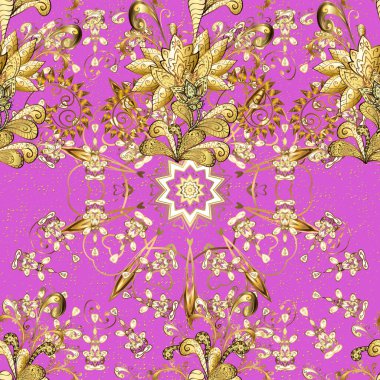 Tekrarlayan elementlerle soyut vektör arkaplanı. Arka planda bej ve menekşe var. Doğulu klasik altın desen.
