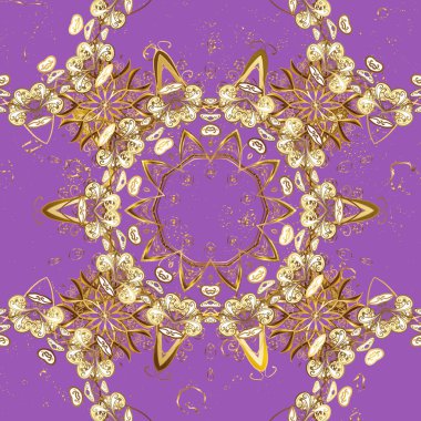 Mor ve kahverengi renklerde altın elementlerle geleneksel klasik altın vektör deseni. Barok tarzında eskiz doğulu süsü..