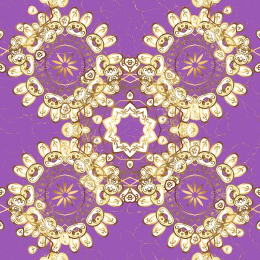 Şık bir grafik desen. Taslak vektör arkaplanı. Çiçek deseni. Barok eskizi, damask. Mor ve beyaz renklerdeki altın elementler.