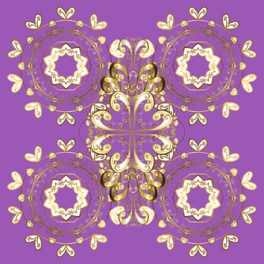 Vektör çizimi. Beyaz ve menekşe renklerinde, altın elementli, kusursuz bir desen. Tekrarlayan elementlerle soyut vektör arkaplanı. Kusursuz, klasik altın desen..