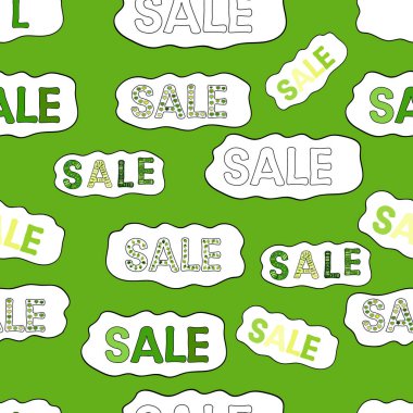 Vektör. Satılık. Yeşil, siyah, beyaz renklerde bir resim. Sosyal medya, davetiye, tişört, baskılar, afişler ve posterler için el yapımı vektör harfleri ve kaligrafi. Kusursuz desen.